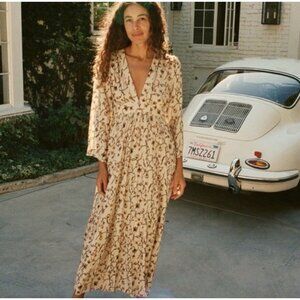 Doen Womens Zinnia Dress Sz Small Tan Brown Floral Boho Midi Maxi V-neck